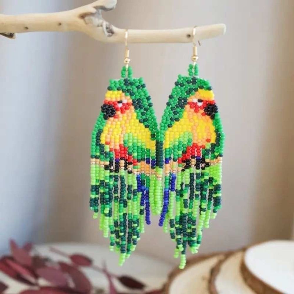 Beaded Parrot Earrings Seed Bead Fringe Dangle Drop Bird Tropical Sun‎ Conures